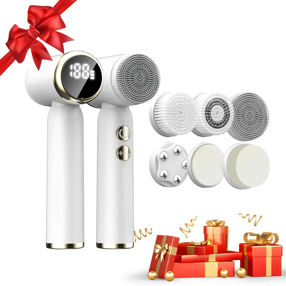 Unisex Facial Cleansing Brush Set with 6 Brushes, Rotating Face Massager, Facial Cleansing Tools, Facial Care Tool, Facial Cleansing Equipment, Ideal for Daily Cleaning & Holiday Gift
