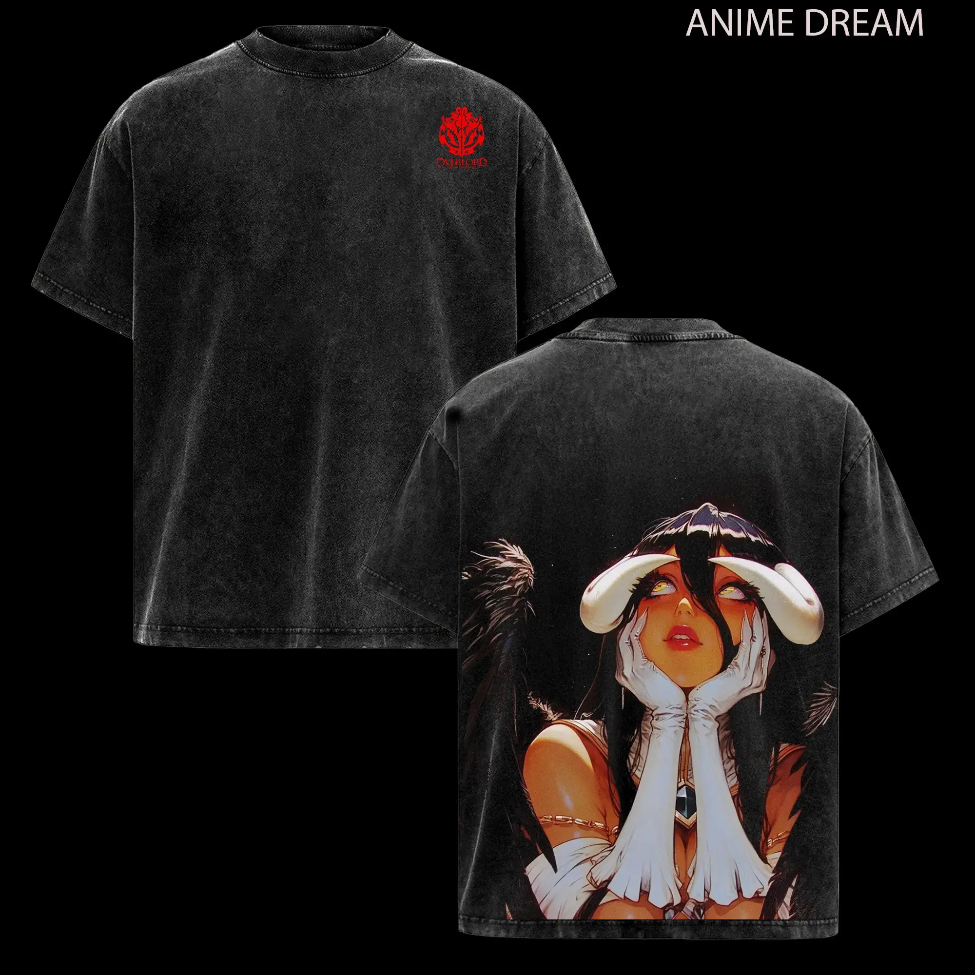 Albedo Overlord Anime Double Printed Vintage Washed Tee Unisex Oversize Anime Manga Washed Heavyweight Cotton T-shirt,clothes for back to school,first day of school outfits