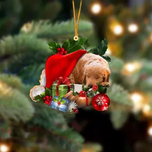 Goldendoodle Sleeping In Hat Christmas Flat 2D Ornament Two Sided