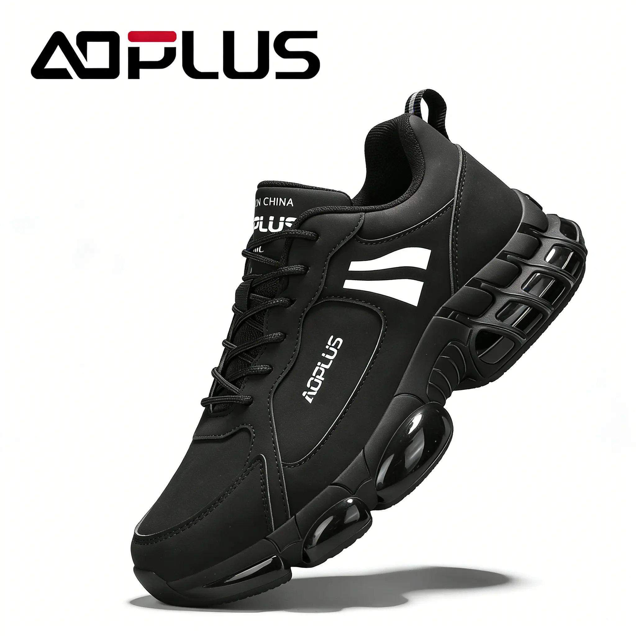 AOPLUS Men's All-Black Sneakers, Lightweight Athletic Footwear with Breathable Fabric, Air Cushion Sole for Walking & Training