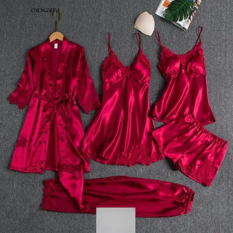 CHENGDEFA CHEN 5PC Silk Robe Sleep Suit Womens Lace Satin Pajamas Gown Set V-Neck Cami Nighties Wear Pijama Home Nightwear Spring Nightdress Loungewear Womenswear Basic Black