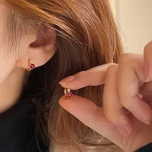 Retro Elegant Copper Set Red Cubic Zirconia Ear Studs, 1 Pair Fashionable Jewelry, Golden Petite Women's Earrings