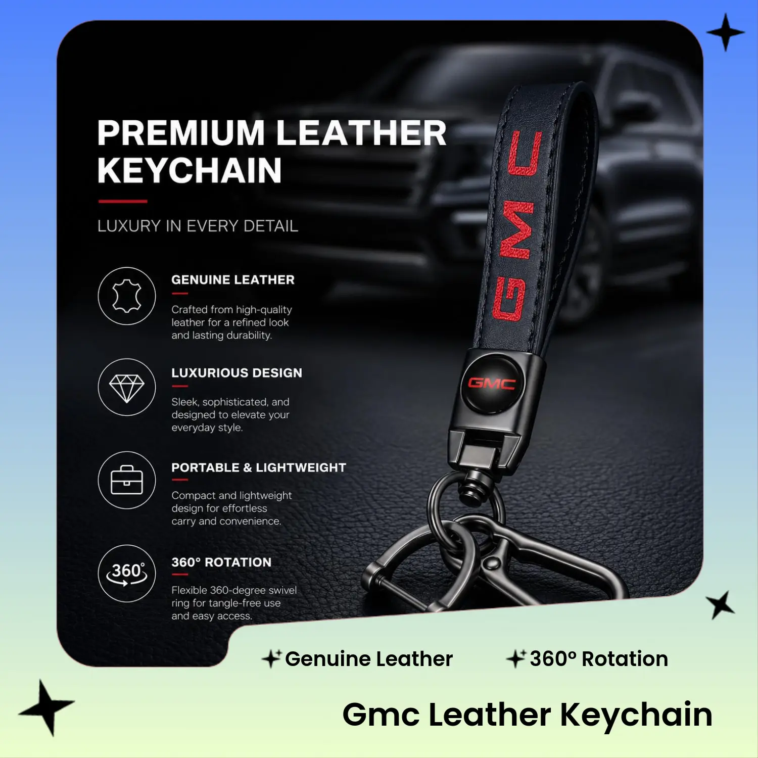 GMC Genuine Leather Car Keychain Set - Smooth Luxury Key Protection Case, Holder, Ring, Buckle, Shell for Vehicles, Automotive Interior Accessory, Birthday & Holiday Family Gift
