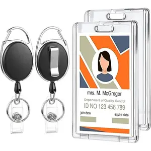 2 Set Badge Holder Retractable Clip Heavy Duty Reels with Acrylic Clear Vertical ID Card Badge Holders for Work Office