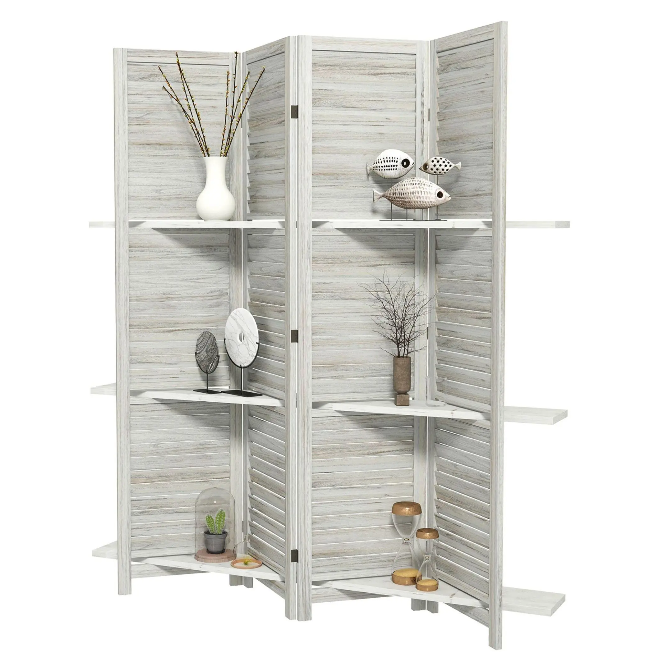 Wood Room Divider 67", 4 Panel Folding Privacy Screen with Shelves - Distressed White