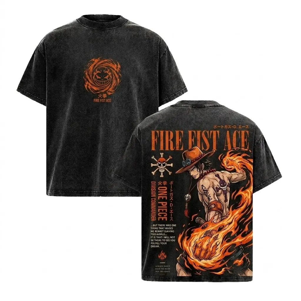 Men's Vintage Acid Wash Oversized Black Portgas D Ace Fire Fist 1 Piece Anime Graphic Tee, Cotton Short-Sleeve Y2K Retro Grunge Streetwear, Japanese Manga Otaku Cosplay Casual Summer Top for Women