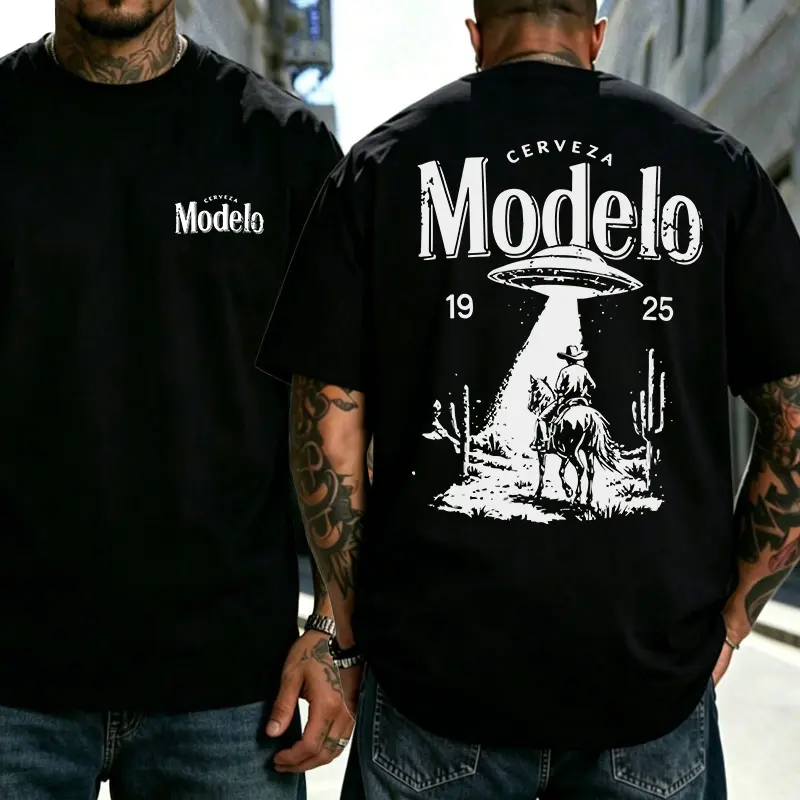 Men's Retro UFO Print T-Shirt, Loose Fit Heavyweight Cotton Streetwear Top with Front & Back Graphics, Short Sleeve Round Neck, Menswear, Shortsleeve, Front Back Prints, Casual, Tshirt, Short Sleeve Tee, Digital Print