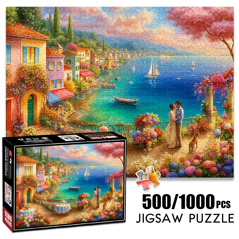1pc 1000 piece adult puzzle 70x50cm Romantic Coastal Scene with Couples, Boats and Flower - filled Town 500 pieces of paper jigsaw puzzle, suitable for adults and families, large-scale DIY puzzle
