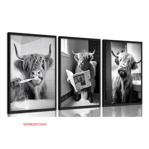 3-Piece Set, Funny Highland Cow Bathroom Canvas Wall Art Decoration – Cute Black-and-White Artistic Cow Animal Painting, Wall Decor, Rustic Farmhouse Style, Cow in the Bathroom Poster, Bathroom Home Decor Painting, Frameless Design