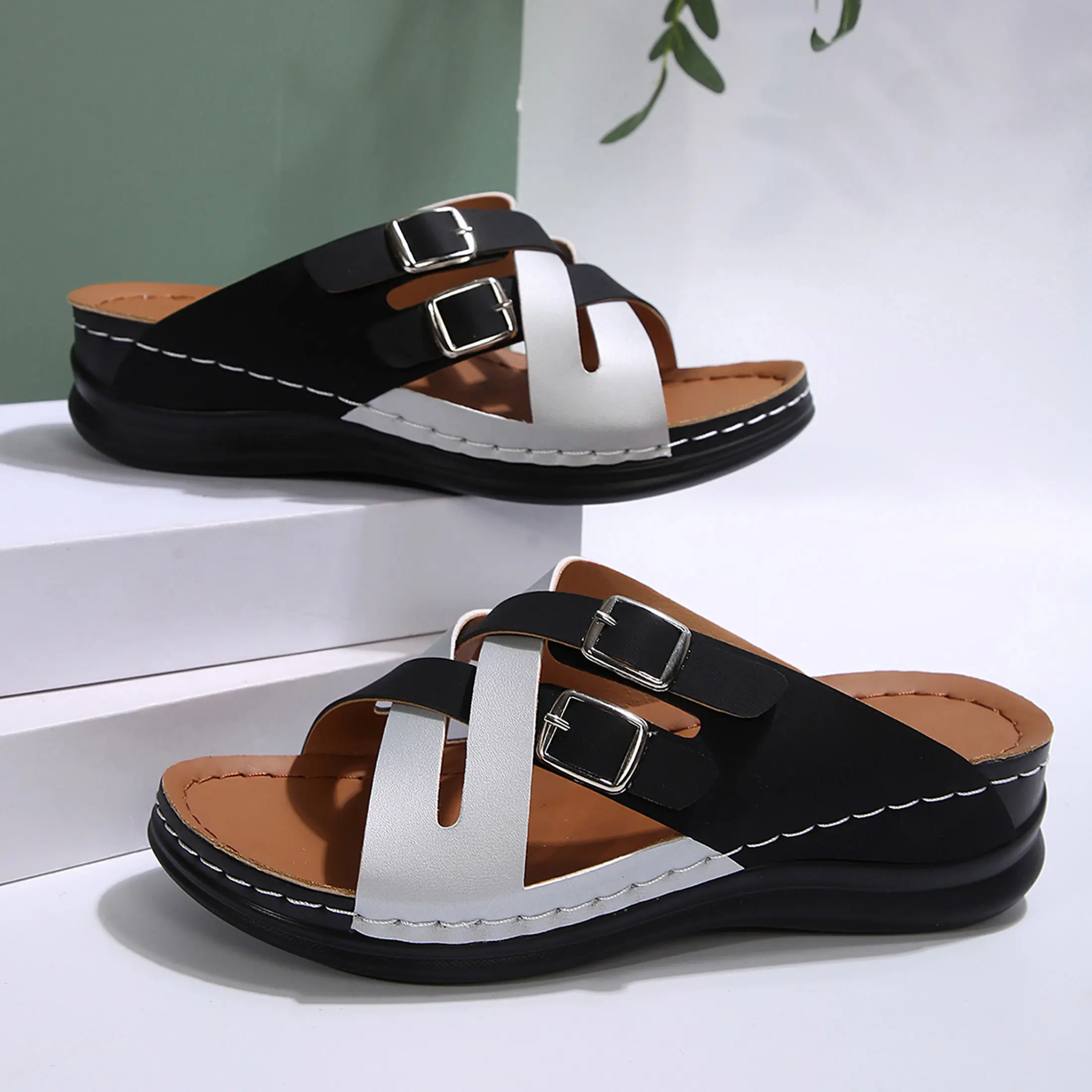 Women's Wedge Heeled Sandals, Casual Open Toe Platform Shoes, Comfortable Slip On Sandals Black Summer Vibes