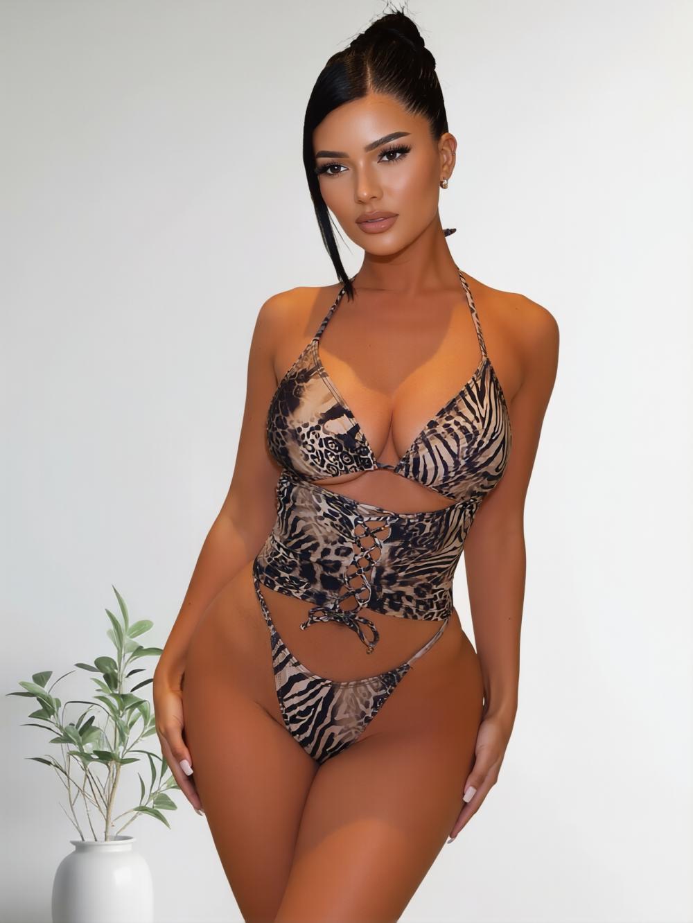 Women's 2 Piece Tankini Swimsuits Cheetah Zebra Striped Halter Lace Up Summer Beach Clothing tankini suit tank stylish woman bikini elegant swimwear