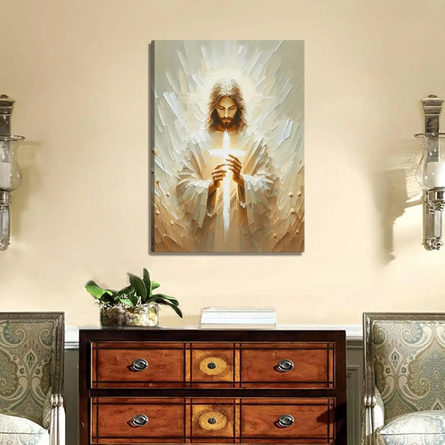 Luminous Religious Jesus Holding Cross Canvas Art - Lightweight Wood-Framed or Unframed Multi-Size Textured Oil Print, Minimalist Christian Wall Decor for Living Room, Balcony, Hanging Home Supplies, Wardrobe Accent, Decoration