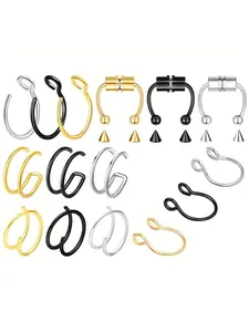 15pcs Stainless Steel Fake Pierced Nose Rings, Nose Cuff for Women and Men, Fashionable Body Jewelry Accessories for Daily Decoration, Nose Piercing Jewelry