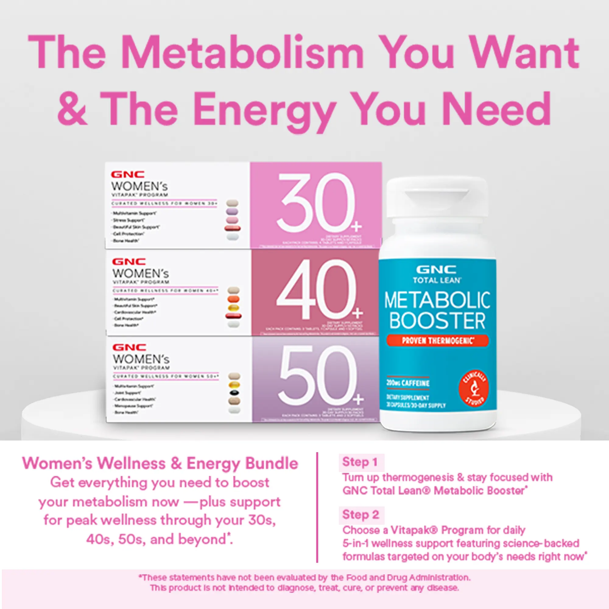 Women's Daily Health Boost + Metabolic Support Combo: GNC Women's Vitapak + GNC Total Lean Metabolic Booster, Daily Vitamin Needs, Stress & Bone Support, Skin Protection, Supports Metabolism