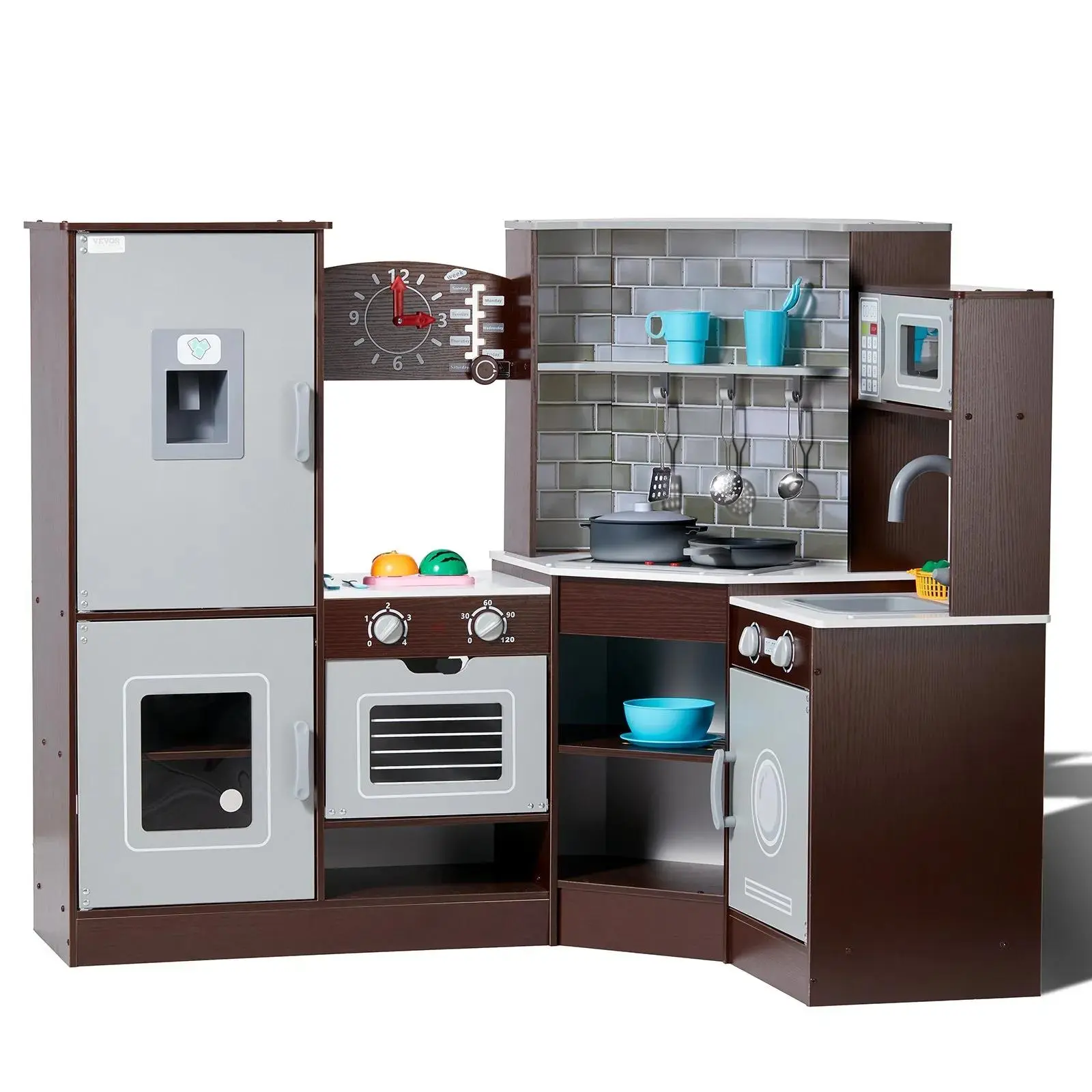 【SummerFinds】VEVOR Corner Wooden Play Kitchen, Toy Set with Lights and Sounds, Toddler Kitchen with Ice Maker, Oven, Sink, Clock, Microwaves, Refrigerator and Accessories, for Toddlers, Preschoolers, Brown