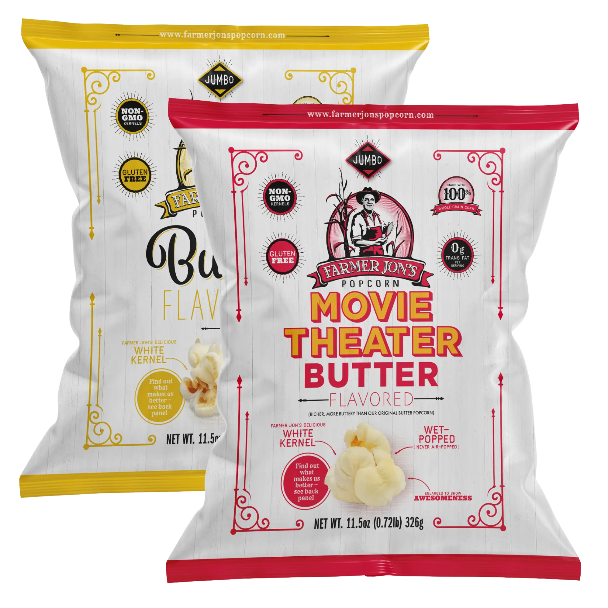 Combo - 2 Pack (1 Movie Theater & 1 Butter) Jumbo Bags - 11.5 oz Each, Farmer Jon's Popcorn