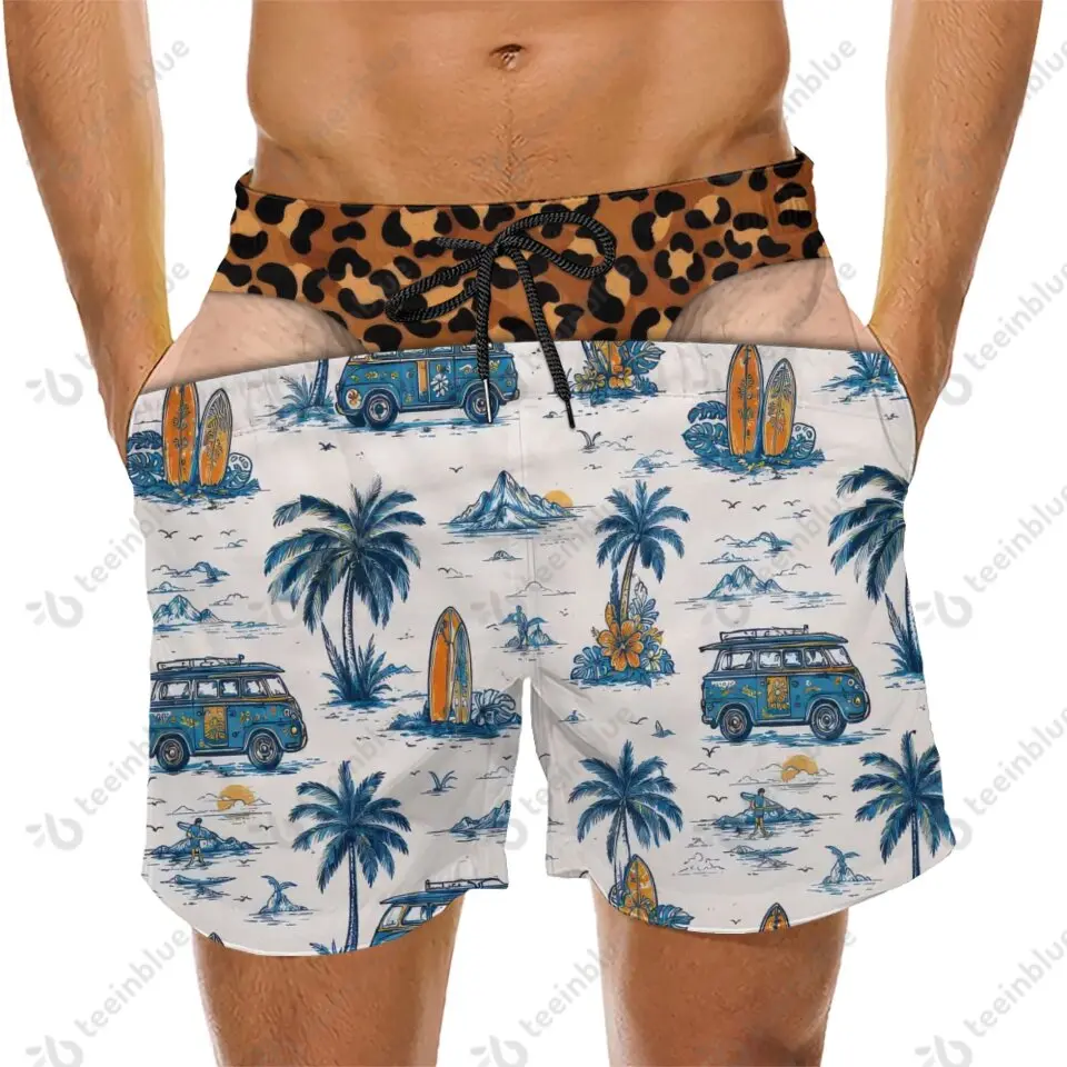 Teeinblue Leopard Print Surfing Van Shorts for Men - Humorous men's swimsuit - Perfect for Beachwear