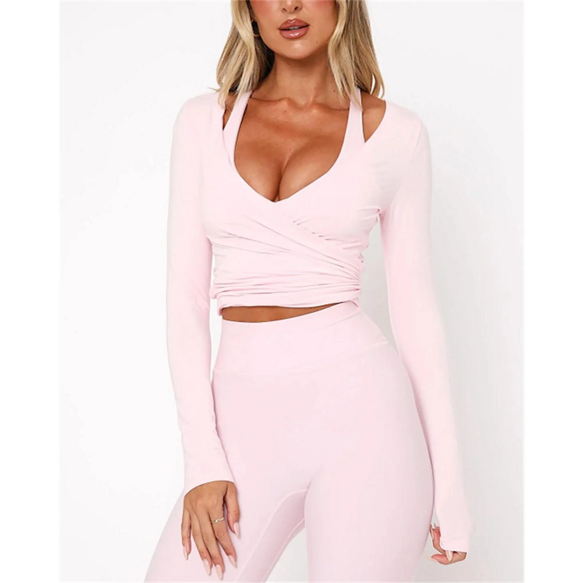 Women Wrap Tie Top Y2k Long SLeeve Ballet Workout Yoga Shirt Coquette BlousesFitted Basic Tops Going out Tops Party Streetwear