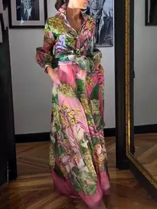 Women's Floral Print Belted Fitted Dress, Boho Bohemian Fashion Chic Long Sleeve Dress for Daily Holiday Vacation Wear, Casual Wear, Women Dress for Spring  & Fall