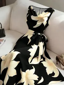 Women's Plus Size Floral Print Midi Dress Cowl Neck Sleeveless Tie Waist A-Line Flowy Curve Flattering Elegant Wedding Guest Party Cocktail Evening Formal Occasion Vintage Old Money Aesthetic Trendy Adjustable