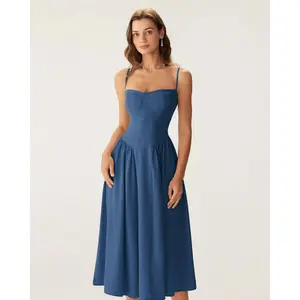 Rihoas Women's Navy Square Neck Waisted Pocket Strap Midi Dress - Polyester Fabric, Elegant Casual Wear for Women