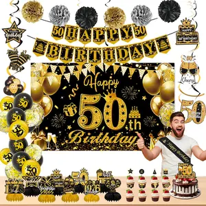 50th Birthday Decorations for Men Women, 58Pcs Black Gold Vintage 1976 birthday decorations Kit, Happy 50th Birthday Decorations Banner, Photo Backdrop, Ba