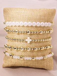 Boho Style Faux Pearl Decorated Bracelet Set, Fashion Cross Charm Beaded Bracelet for Women & Men, Trendy All-match & Exquisite Jewelry for Birthday Gift, Stackable Bracelets
