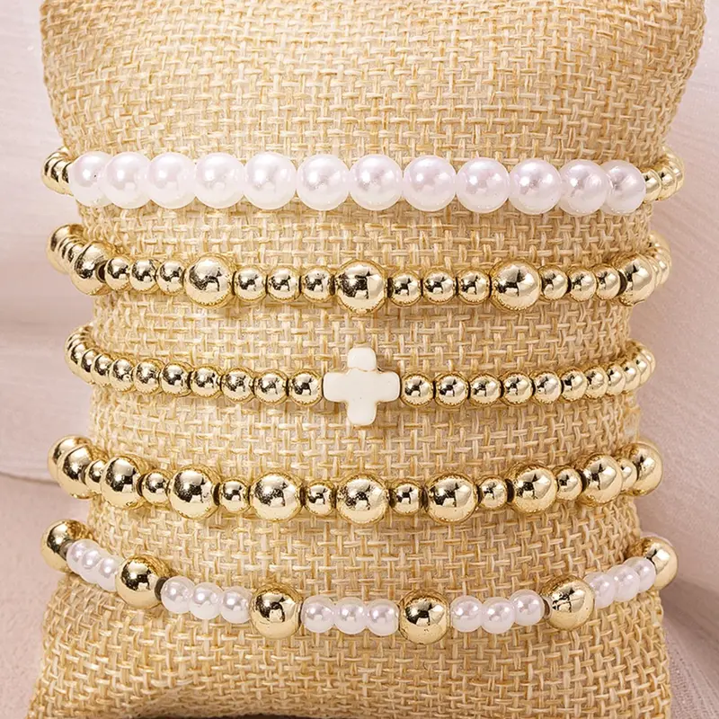Boho Style Faux Pearl Decorated Bracelet Set, Fashion Cross Charm Beaded Bracelet Sets for Women & Men, Trendy Versatile & Exquisite Jewelry for Birthday Gift, Stackable Bracelets, Bohemian Bracelets, Bracelet Bundle