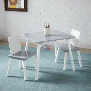 VECELO Kids Wood Table and 2 Chair Set Children Kids Table with Center Mesh Storage Gray White Toddler Table and Chair Set