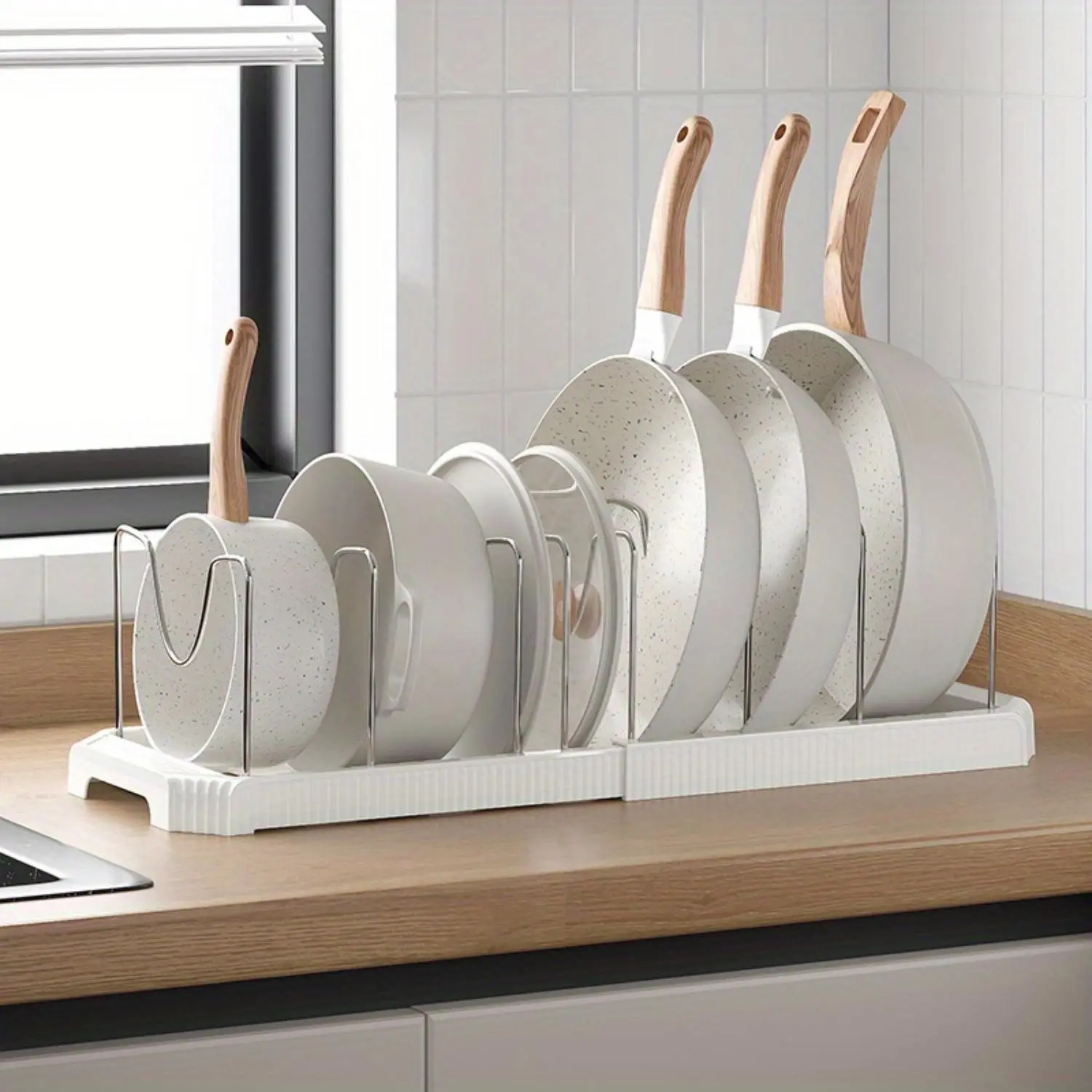 Adjustable Pot and Pan Organizer Rack, Adjustable Metal Rack, 1 Count 6 Compartments Stainless Steel Kitchen Storage Rack, Kitchen Organization, Kitchen Storage Organizer for Home, Cafe, Restaurant