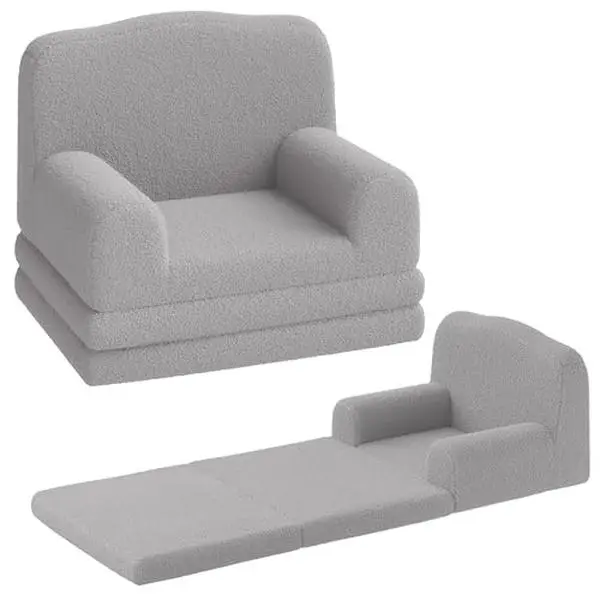 GARVEE Kids Convertible Couch - 2-in-1 Soft Sherpa Foam Cushion Toddler Sofa, Fold-Out Lounger Chair, Indoor Furniture Gift for Kids (Gray Crown)