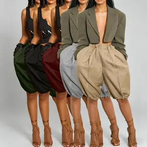 Women's High-Waist Pleated Balloon Bottoms - Elastic Waist, Knee-Length, Oversized Baggy Shorts, Aesthetic Blazer-Vibe Vintage Streetwear Activewear for Tennis, Summer Soccer