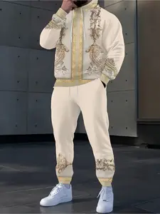 Retro pattern men's Casual hooded sweater set, street trend retro two-piece set