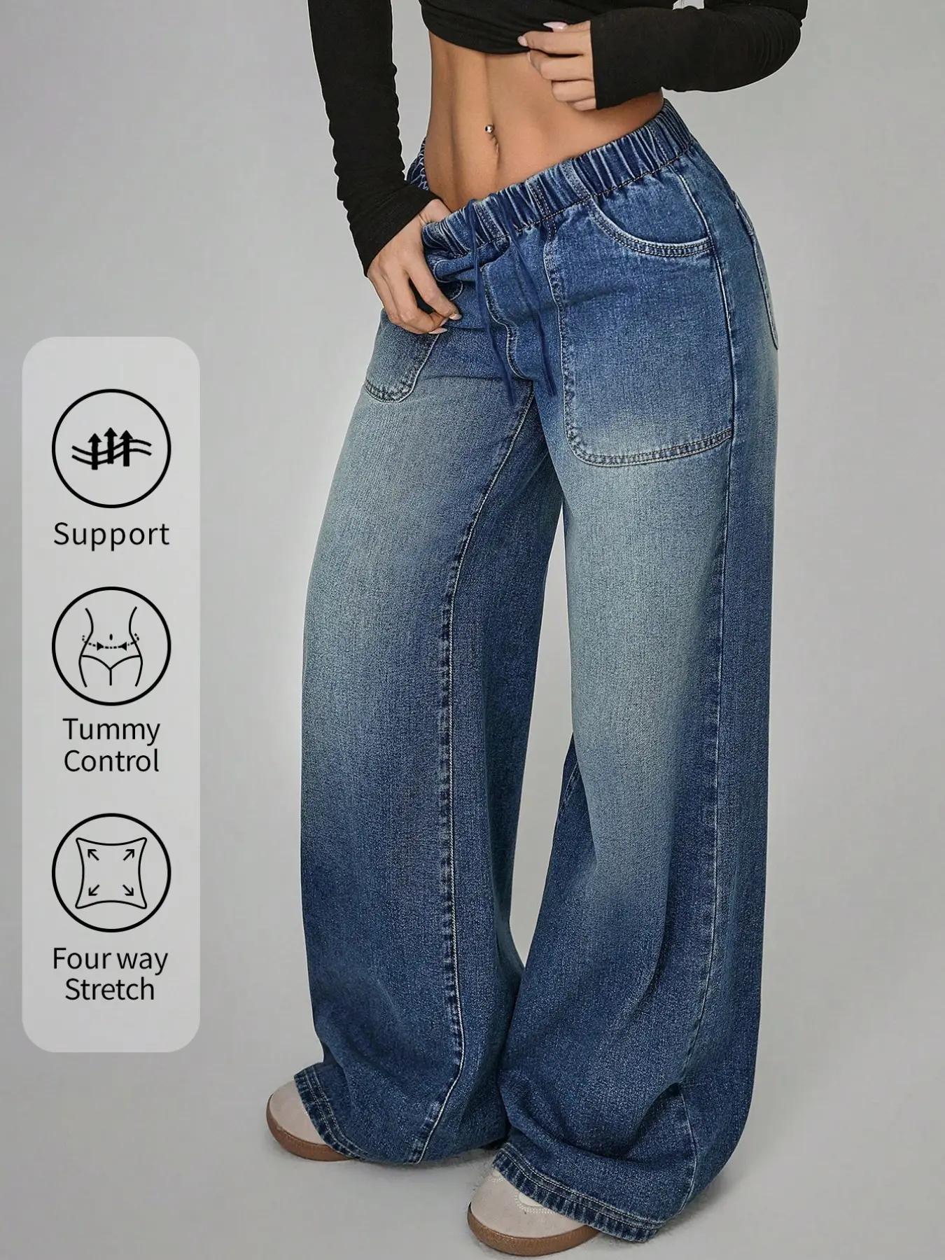 Stretch Wide Leg Loose Oversized Jeans Pants, Adjustable Elastic High Waist Floor-Length Denim Jeans, Comfortable Breathable Fabric, Casual Chic Fashion for Daily Wear and Parties, Women, Baggy
