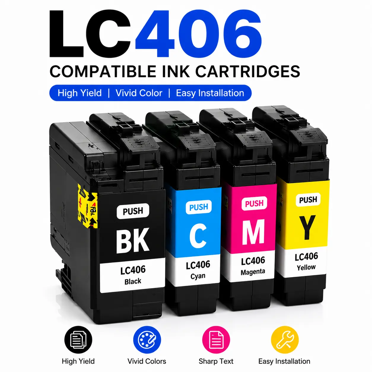 LC406 Compatible Ink Cartridges 4-Pack Replacement for Brother Printers BK C M Y High Yield