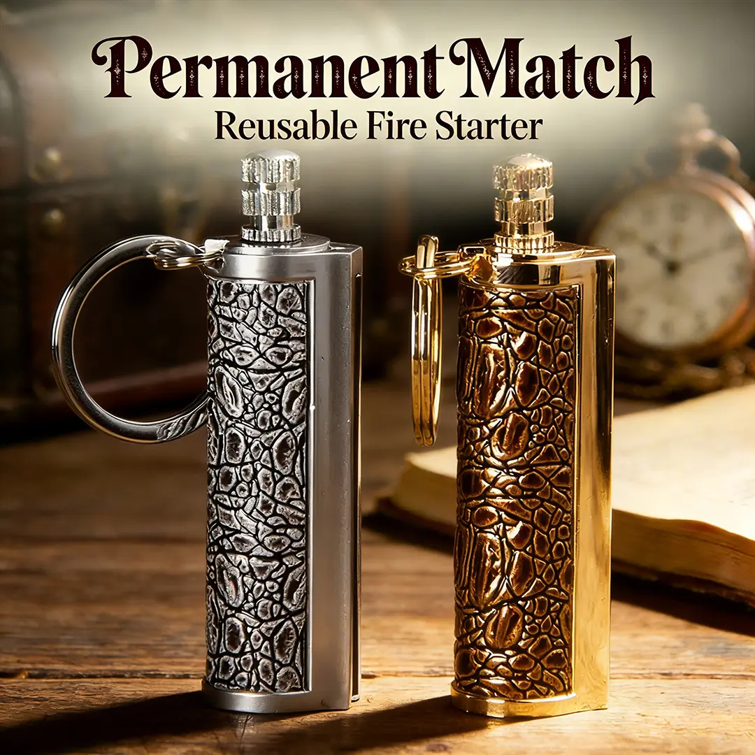Iron Portable Permanent Match Keychain Lighter - Refillable, Waterproof Flint Fire Starter, Reusable Keychain Form, Outdoor Camping Gear (No Oil Included, No Battery)