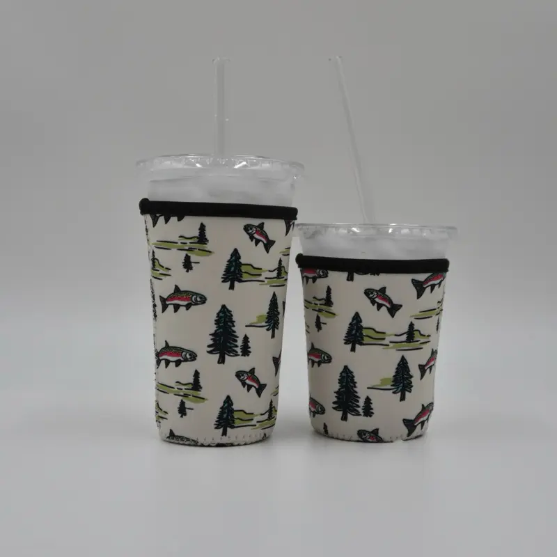 Trout and pines Coffee Sleeve | Reusable Neoprene Iced Coffee Cup Cover 16-24oz Cowboy Print Eco-Friendly Insulator for Grande & Venti Cups