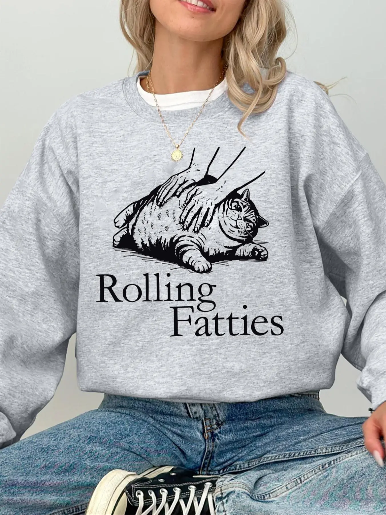 Women's Cat & Letter Print Crew Neck Animal Graphic Sweatshirt Tops, Casual Long Sleeve Pullover for Fall & Winter, Women's Clothes for Daily Wear, Womenswear, Casual Fitted Sweatshirt