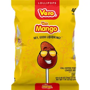 Vero Mango Lollipops Coated with Chili Powder, Hot and Sweet Candy Treat, Artificially Flavored, Net Wt. 1.39 Pound, 40 Count Bag Snack Bonbon