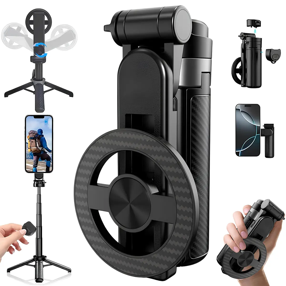 4-in-1 Portable Pocket Size Magnetic Selfie Stick with 360° Rotation, Detachable Bluetooth Remote, Compatible with iPhone & Android, Compact Aluminium Alloy Tripod for Travel & Vlogging