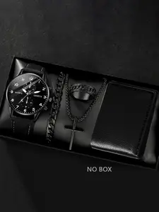 Men's Business Fashion Watch & Fashionable Jewelry Set, Including Round Dial Watch & Chain Bracelet & Pendant Necklace & Ring, Trendy All-match & Exquisite Watch Set for Birthday Gift