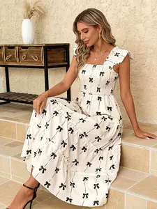 A fashionable Bohemian Boho white background black bow print Sleeveless dress for women, with a delicate square neckline design and sweet ear ear ear ear shoulder sleeves, suitable for commuting to work, shopping, and outdoor wear Casual wear