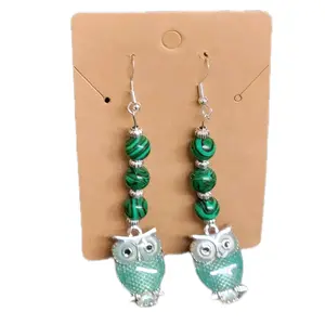 Malachite Crystal Beaded Owl Earrings - Green Owl Design with Malachite Accents, Includes Clasp and Earring Pendant