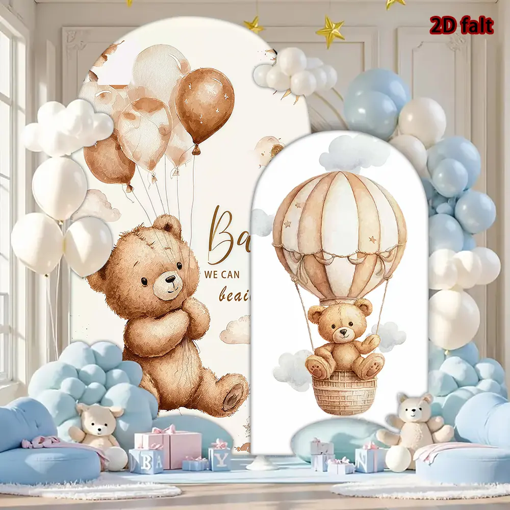 Polyester Lightweight Stretchy Fitted Round Top Chiara Party Cover - White Arch Backdrop with Teddy Bear, Balloon, Hot Air Balloon Designs for Newborn Trend Party Decor (Arch Support Not Included)