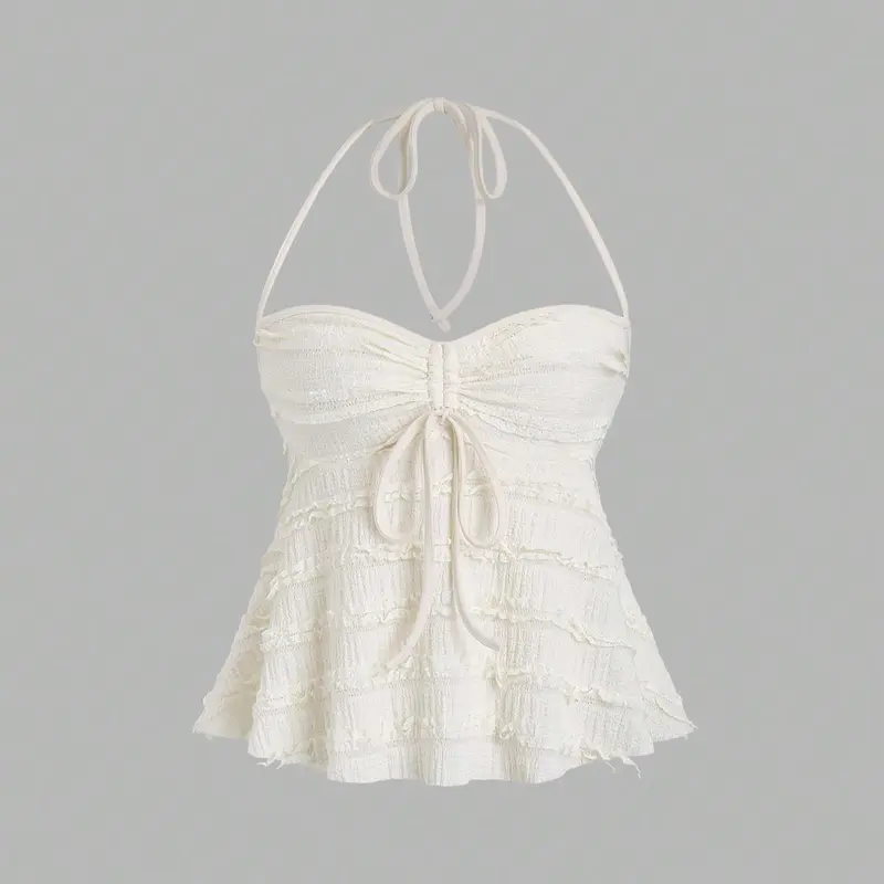 Women's Plain Halter Neck Adjustable Drawstring Fitted Lightweight Knitted Lace Fabric Top, Casual Sleeveless Top for Summer, Fashion Women's Top for Daily Wear, Elegance, Cute