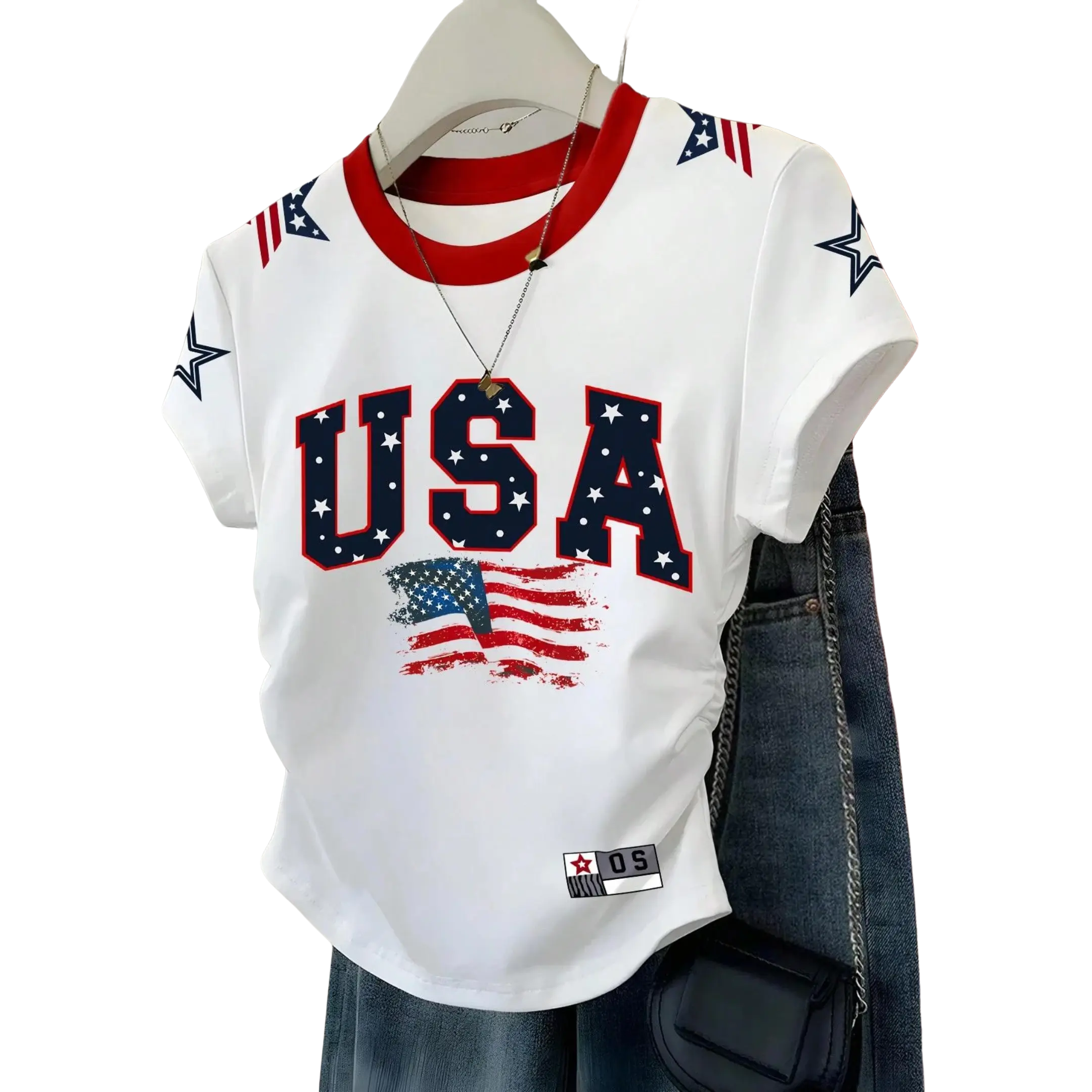 VYNCE Women's American Street Short-Sleeved T-Shirt USA Star Print Red White And Blue Summer Casual City Break Independence Day Holiday
