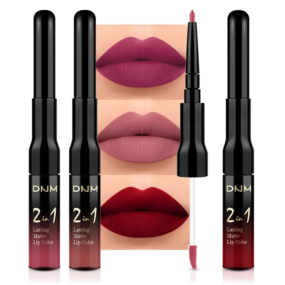 3Pcs Mauve Neutral Light Rosey Nude Blue Red Matte Liquid Lipstick and Lip Liner Stain Sets for Women, Long Lasting 24 Hours Matte Lipstick labiales larga duracion 24 mate originales