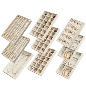 9-Piece Velvet-Lined Jewelry Drawer Organizer Insert with Adjustable Dividers, Modern Tray for Earrings, Rings, Necklaces, Beige Fashion Accessory Item