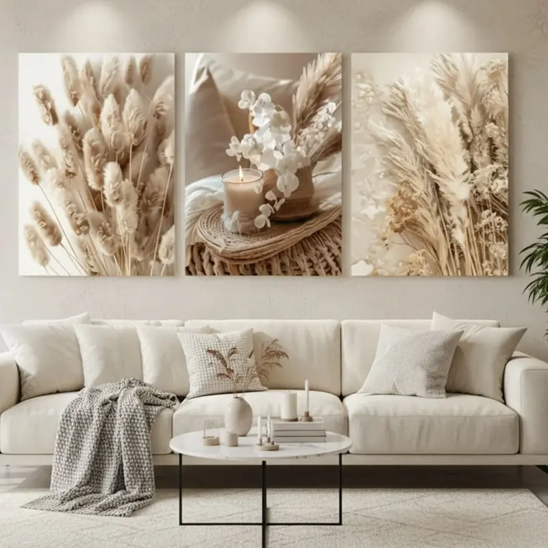 3pcs Wooden Frame Flower Landscape Wall Art Canvas Print Bohemian Poster Nordic Modern Home Decor, Mdf Material, Made in China
