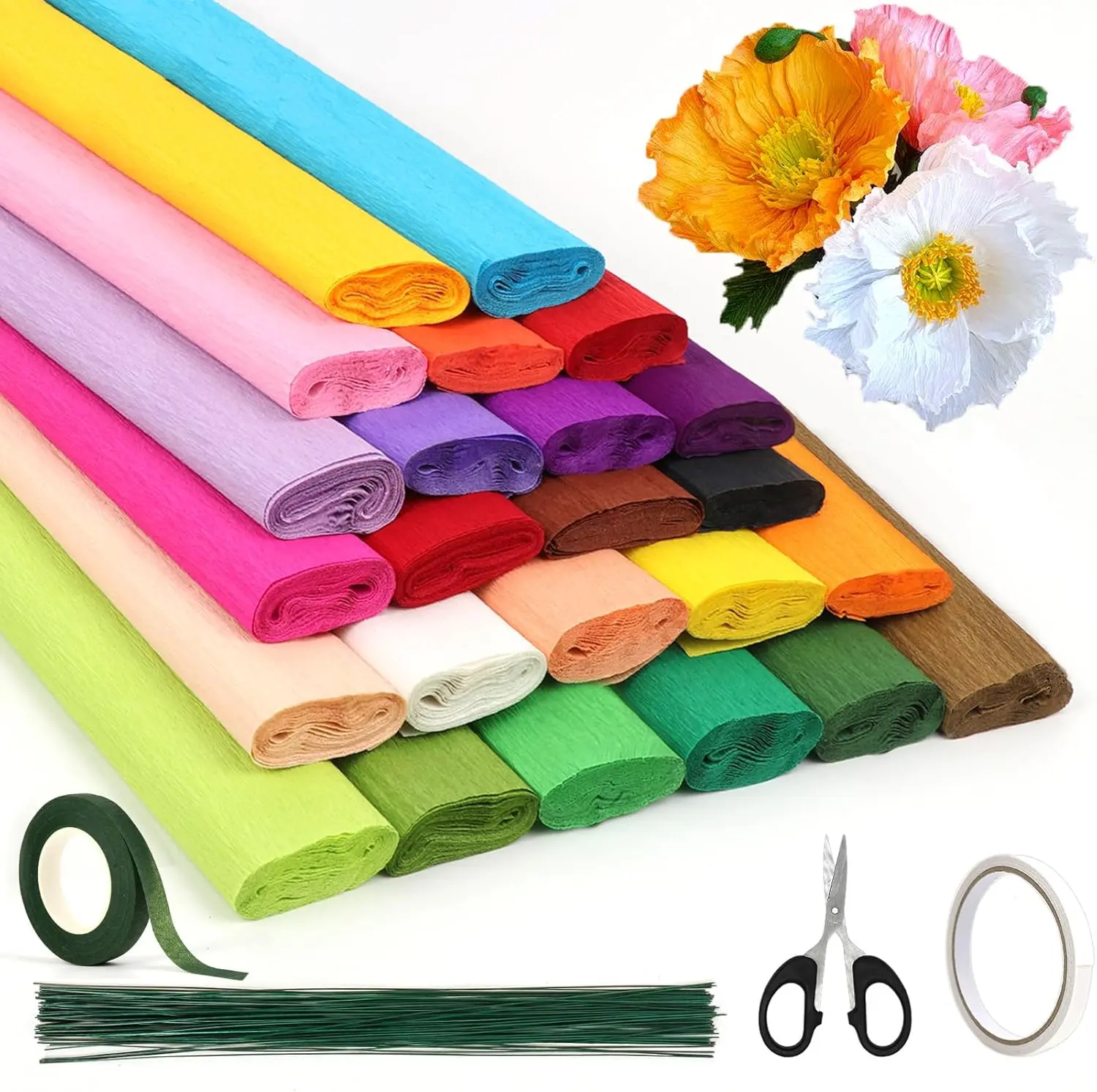 Vibrant 24 Crepe Paper Craft Kit - 24 Colors, 10x98in Wide Sheets, 100-Count Green Floral Tape, Green Iron Wire, Floral Band, Double-Sided Tape for Party DIY, Anniversary Beautiful Bouquets (Gifts & Wrapping Supplies)